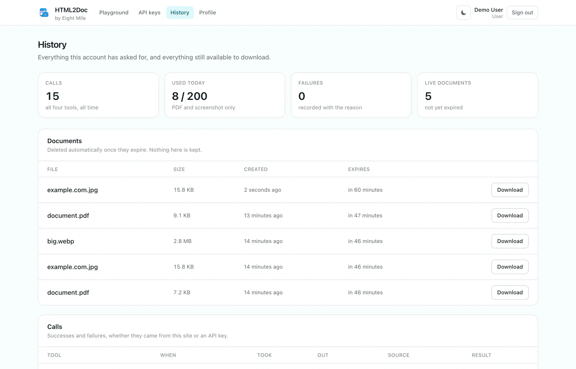 The history page, listing rendered documents and every call made, successes and failures