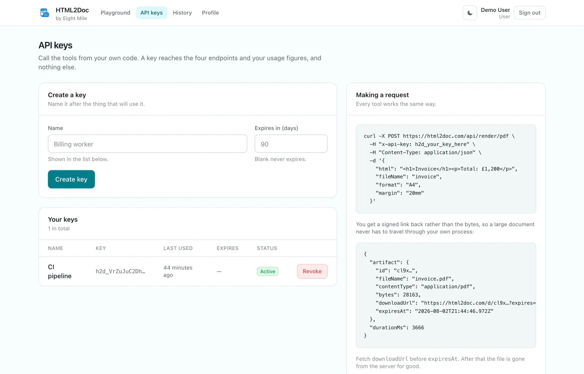 The API keys page, showing a key being created and the list of existing keys
